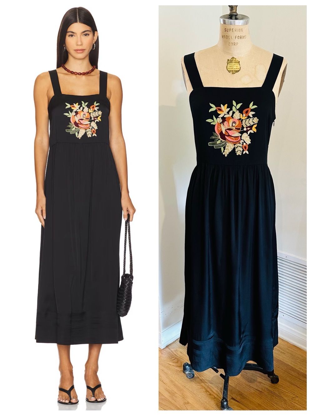 THE GREAT. The Day Midi Dress in Black w/ Floral Embroidery, Stunning!!!
